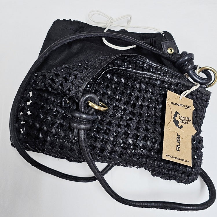 SLING HANDBAG OPEN WEAVE BLACK LEATHER