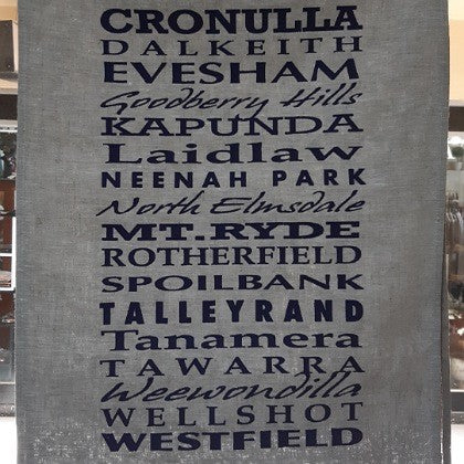LINEN TEA TOWEL PROPERTY NAMES CRONULLA (BLACK)