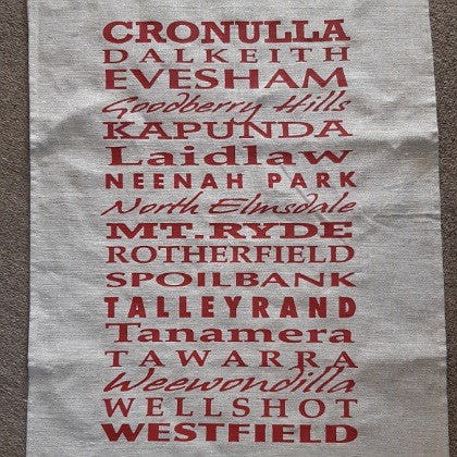 LINEN TEA TOWEL PROPERTY NAMES CRONULLA (BLACK)