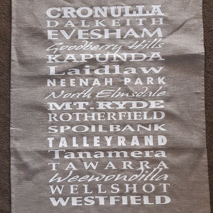 LINEN TEA TOWEL PROPERTY NAMES CRONULLA (BLACK)