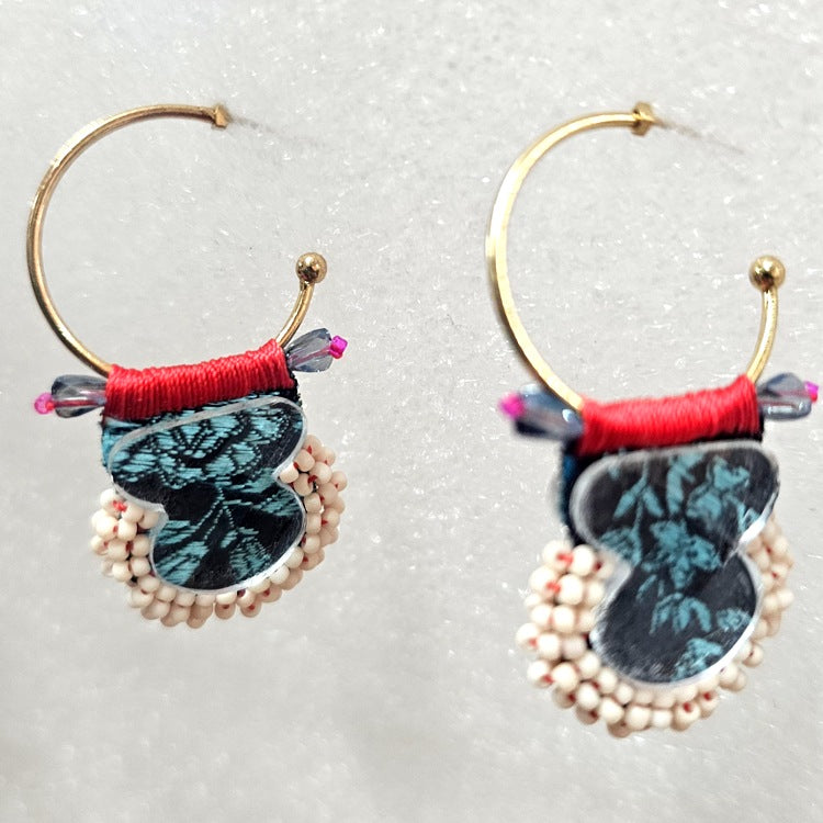AYALABAR EARRINGS BLUE FABRIC AND BEADS ON OPEN GOLD HOOPS WITH RED