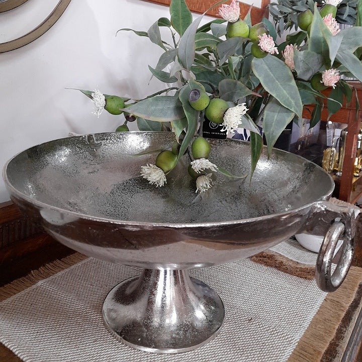 ALUMINIUM ROUND BOWL ON FOOT WITH RING HANDLES