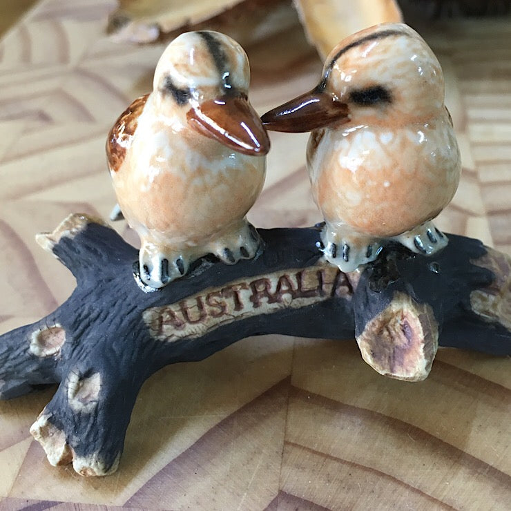 PORCELAIN TRINKET KOOKABURRAS ON AN AUSTRALIAN BRANCH
