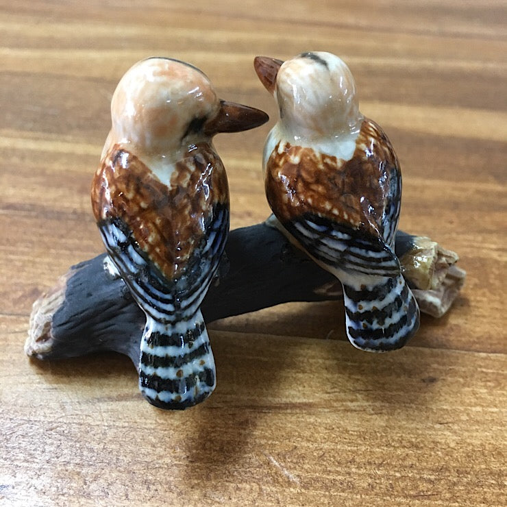 PORCELAIN TRINKET KOOKABURRAS ON AN AUSTRALIAN BRANCH