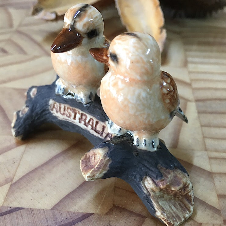 PORCELAIN TRINKET KOOKABURRAS ON AN AUSTRALIAN BRANCH