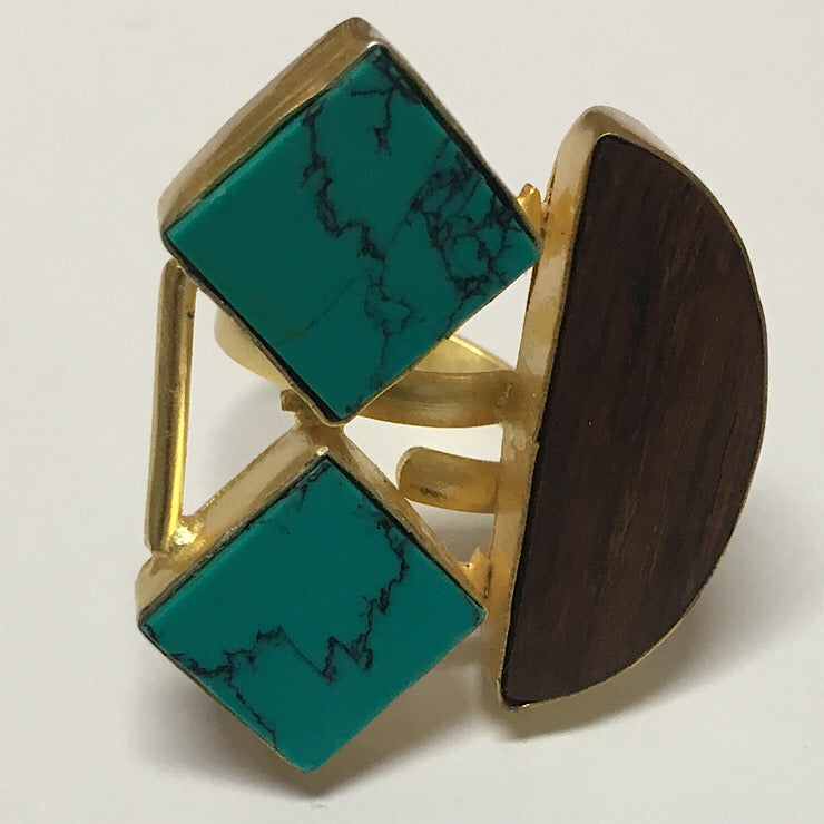 TURQUOISE AND WOOD ADJUSTABLE RING