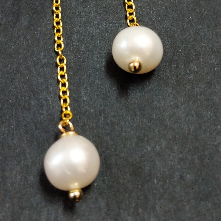 PEARLS ON LONG GOLD CHAIN DROP EARRINGS