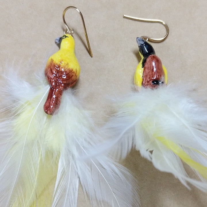 YELLOW BIRD CERAMIC EARRINGS WITH FEATHER