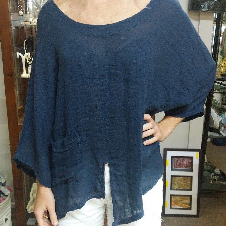 PUROLINO LINEN TOP UNEVEN HEM NAVY