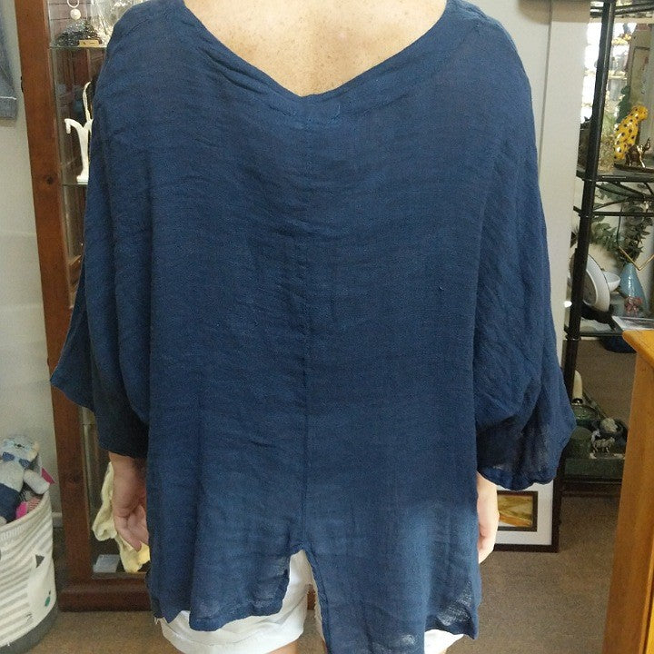 PUROLINO LINEN TOP UNEVEN HEM NAVY