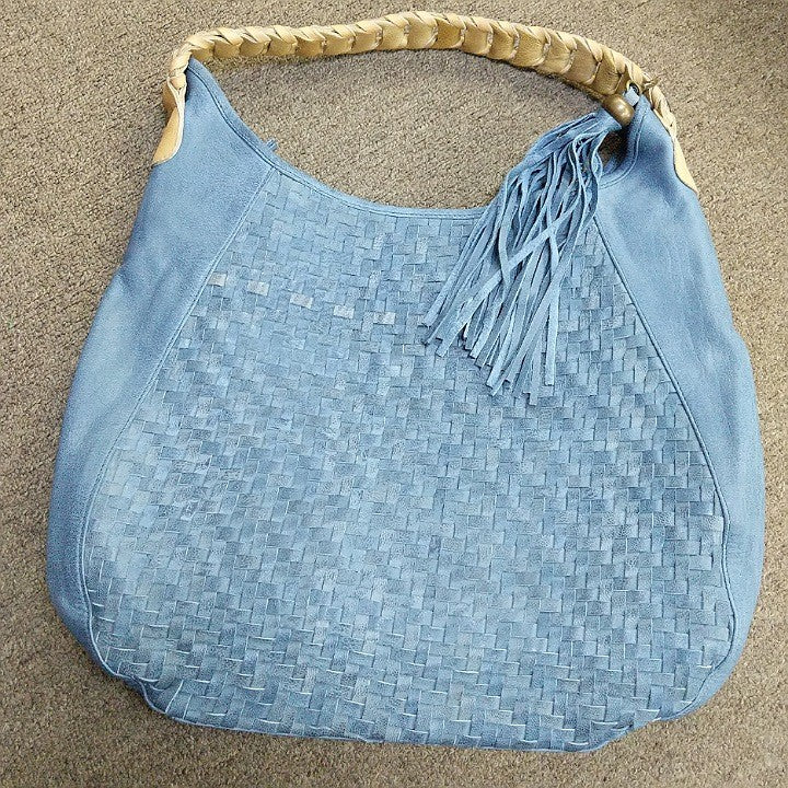 LEATHER BAG DENIM BLUE AND CAMEL COLOUR