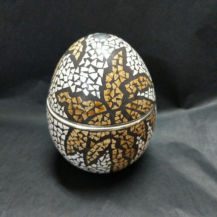 EGG SHAPED OSTRICH EGG SHELL DECORATED TRINKET BOX