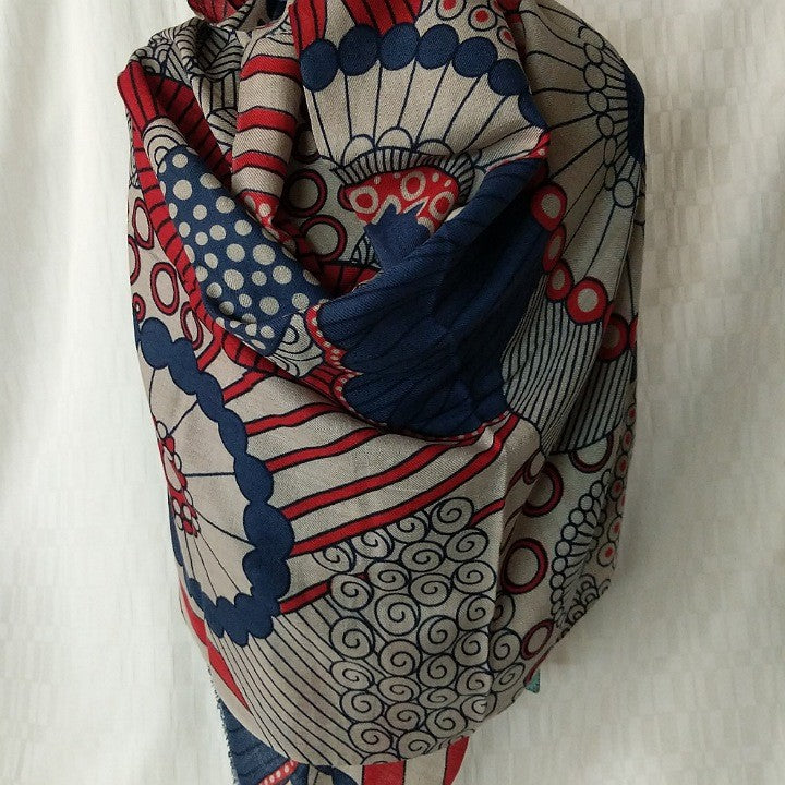 SCARF MERINO WOOL FLOWERS RED BLUE