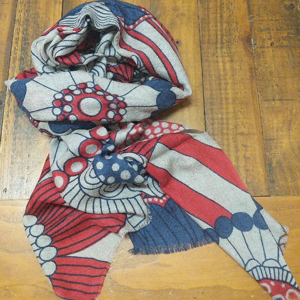 SCARF MERINO WOOL FLOWERS RED BLUE