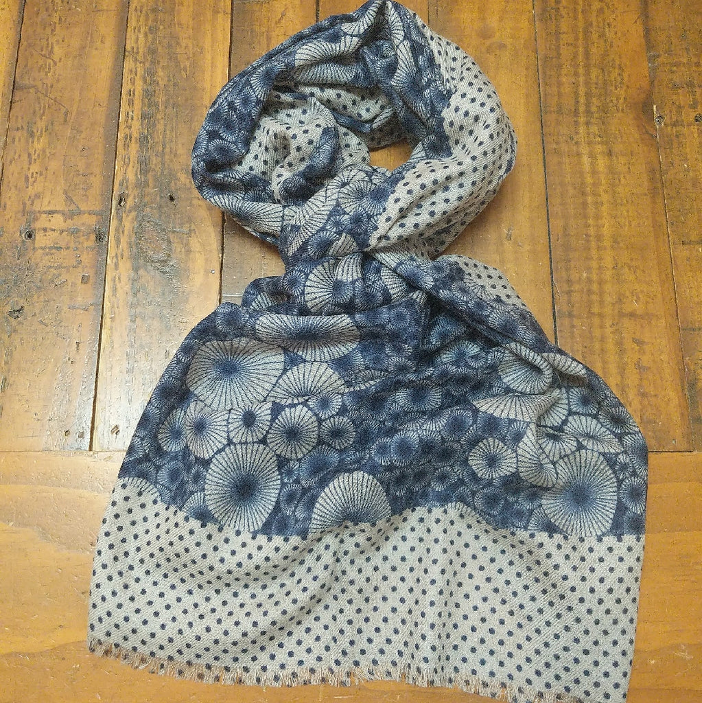 SCARF MERINO WOOL NAVY FLOWERS SPOTS