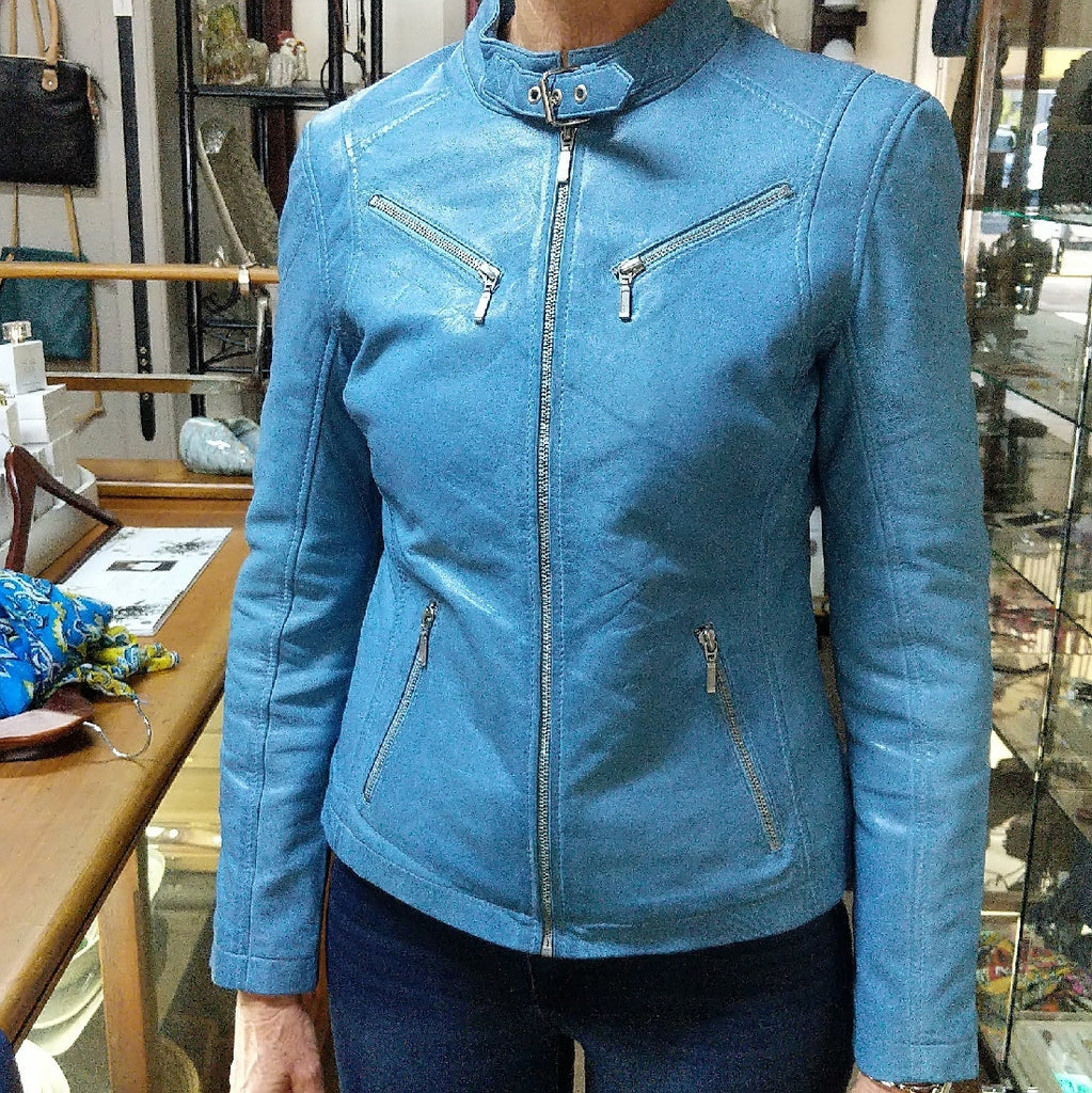 LEATHER JACKET CADELLE BLUE LAMBSKIN SIZE 10