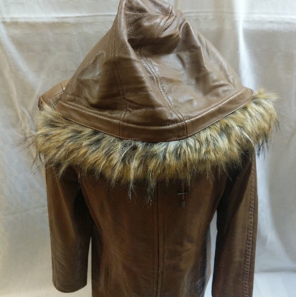 LEATHER JACKET REMOVABLE HOOD FUR TRIMMED CADELLE SIZE 14