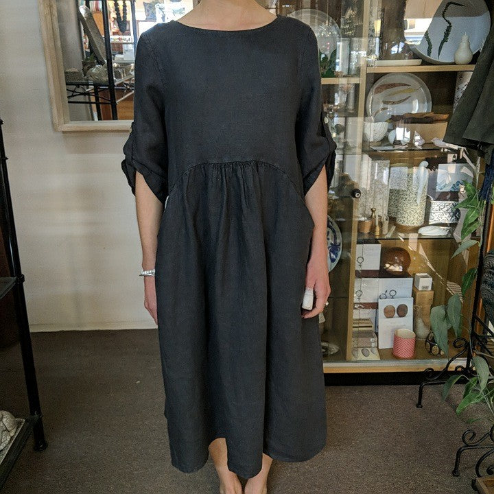 PUROLINO LINEN DRESS CHARCOAL 3/4 SLEAVE