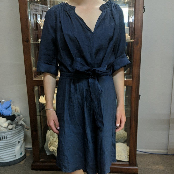 PUROLINO LINEN DRESS MEDIUM SIZE NAVY