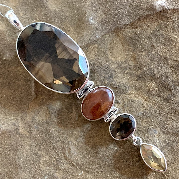 SMOKEY QUARTZ CITRINE HESSONNITE GARNET PENDANT