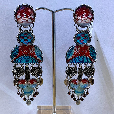 AYALABAR EARRINGS AQUA AND RED TONES WITH SILVER