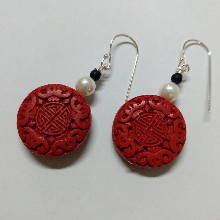 MOKO EARRINGS CARVED RED CINNABAR UNPOLISHED ONYX PEARL