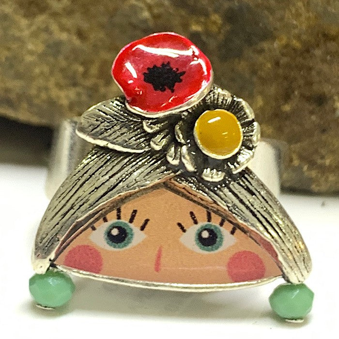 RING ENAMELLED GIRL ON SILVER
