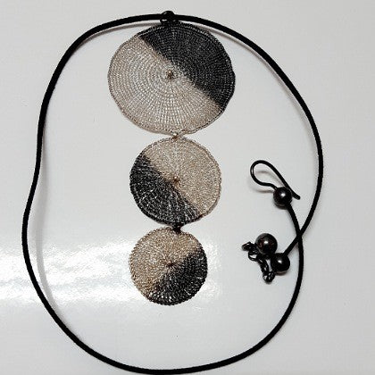 OXIDISED COPPER SILVER CROCHETED TRIPLE PENDANT NECKLACE ON LEATHER