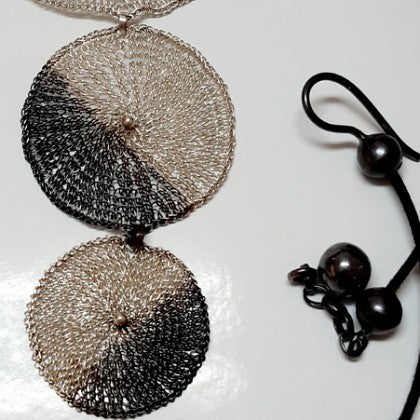 OXIDISED COPPER SILVER CROCHETED TRIPLE PENDANT NECKLACE ON LEATHER