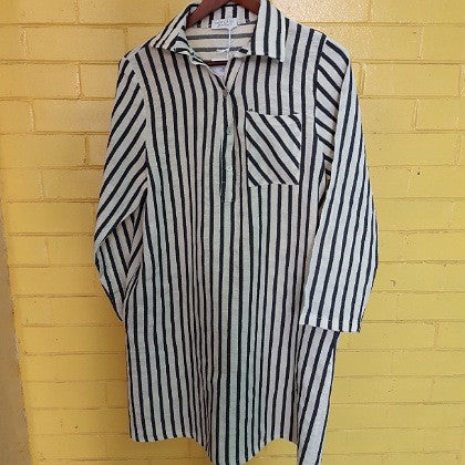 NAVY WHITE STRIPED LINEN DRESS