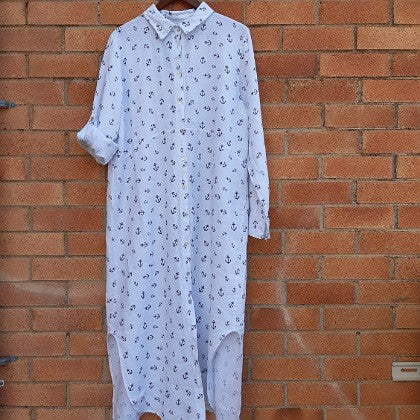 PUROLINO LINEN MAXI DRESS LONG SLEEVED WHITE BLUE ANCHORS
