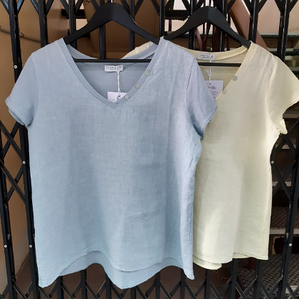 PUROLINO LINEN TOP V NECK BUTTON DECOR