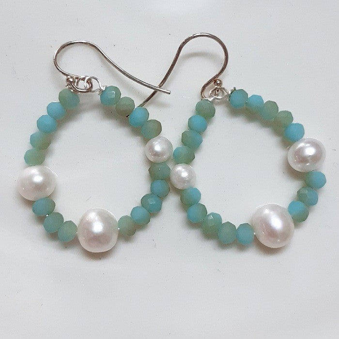 EARRINGS AQUAMARINE, FRESHWATER PEARL ON HOOPS