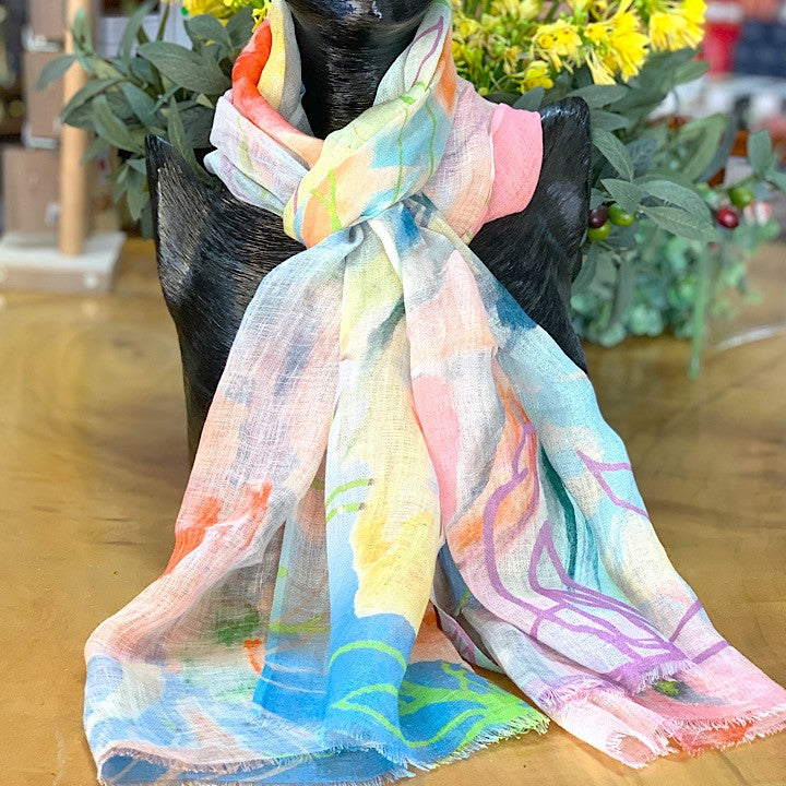 LINEN SCARF PAINTED BLOSSOM EDGES