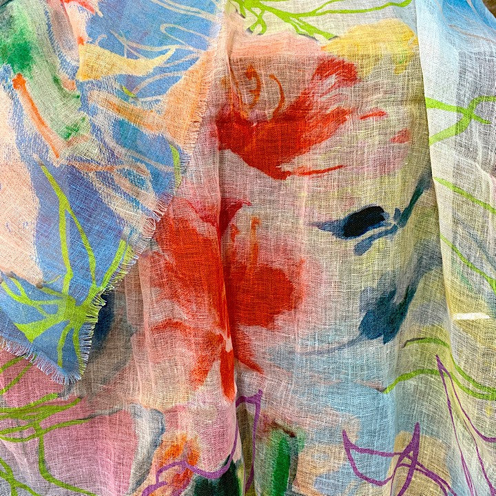 LINEN SCARF PAINTED BLOSSOM EDGES