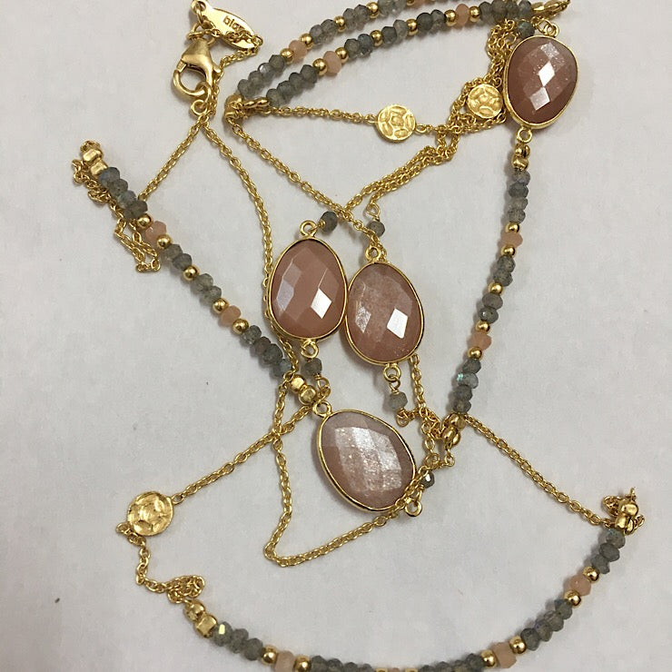 LONG CHAIN NECKLACE INTERSPERSED WITH PEACH MOONSTONE & LABORADITE