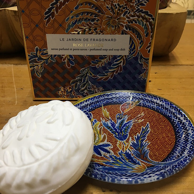 ROSE LAVENDAR SCENTED SOAP ON PAINTED GLASS DISH