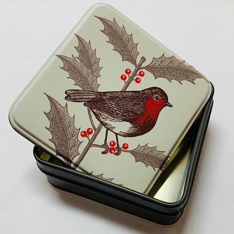 SMALL SQUARE CHRISTMAS TIN WITH ROBIN AND HOLLY