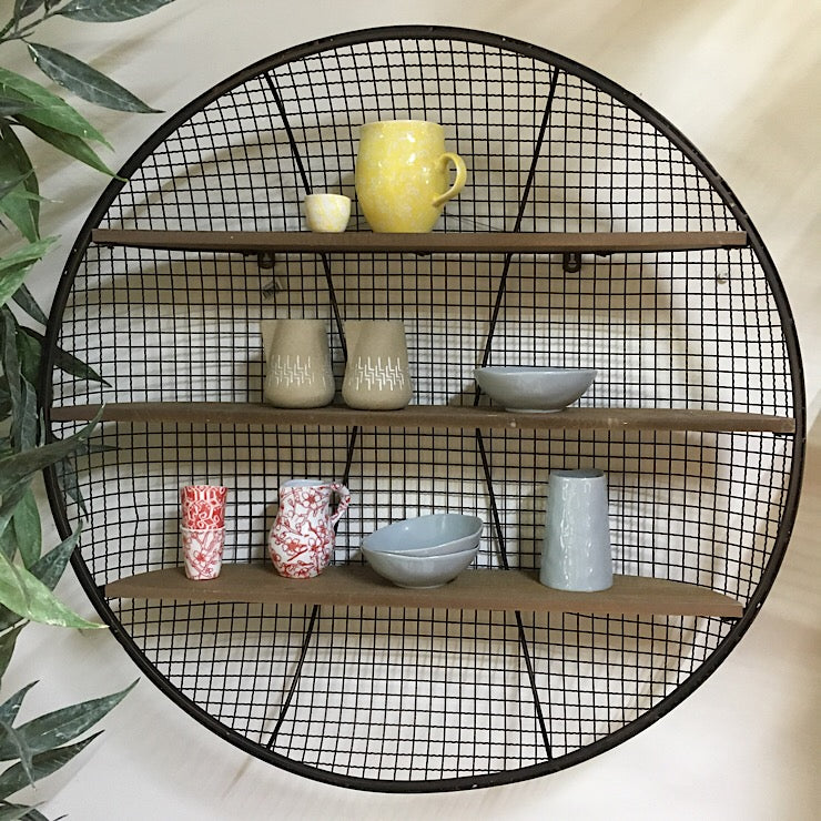 ROUND WIRE BASKET TIMBER SHELVES