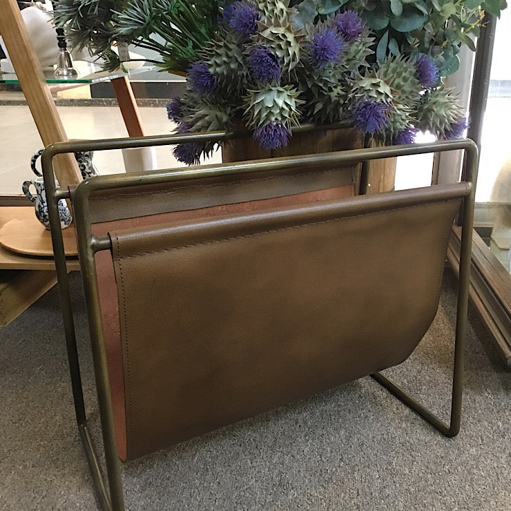 LEATHER MAGAZINE HOLDER WITH ANTIQUE BRASS FRAME