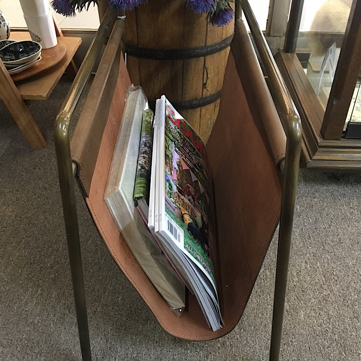 LEATHER MAGAZINE HOLDER WITH ANTIQUE BRASS FRAME