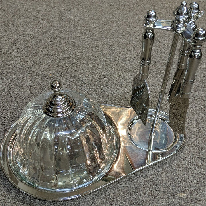 GLASS COVERED SILVER CHEESE TRAY WITH KNIVES