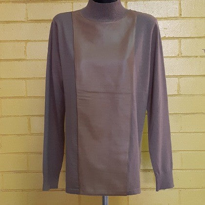 LEATHER FRONT MERINO WOOL SWEATER TOFFEE