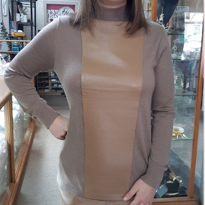 LEATHER FRONT MERINO WOOL SWEATER TOFFEE