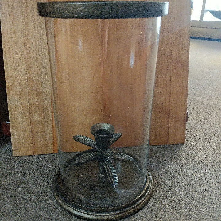 BRASS PALM GLASS HURRICANE LAMP