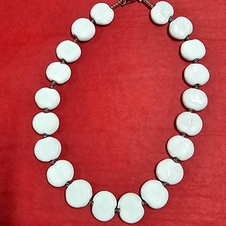 WHITE HAND PAINTED BEAD NECKLACE 18 INCH