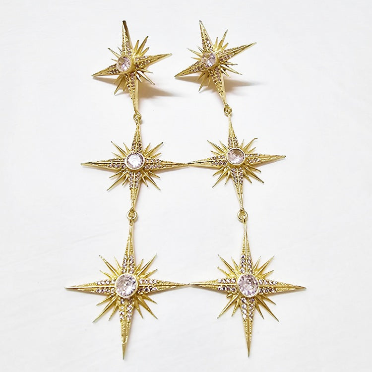 EARRINGS CRYSTALS ON TRIPLE DROP GOLD EVENING STAR STUDS