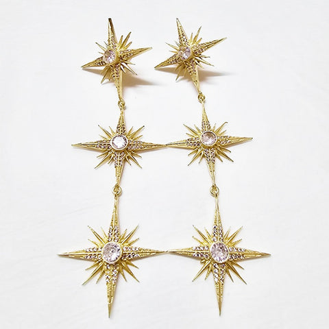 EARRINGS CRYSTALS ON TRIPLE DROP GOLD EVENING STAR STUDS
