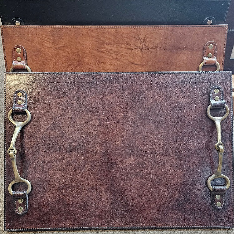 LEATHER SERVING TRAY WITH  HORSE BIT HANDLES [COL:CHOCOLATE]