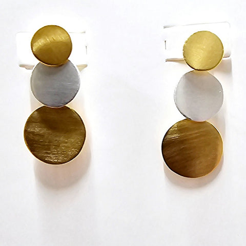 EARRINGS TWO TONE SILVER AND GOLD PLATED DISC STUD DROPS